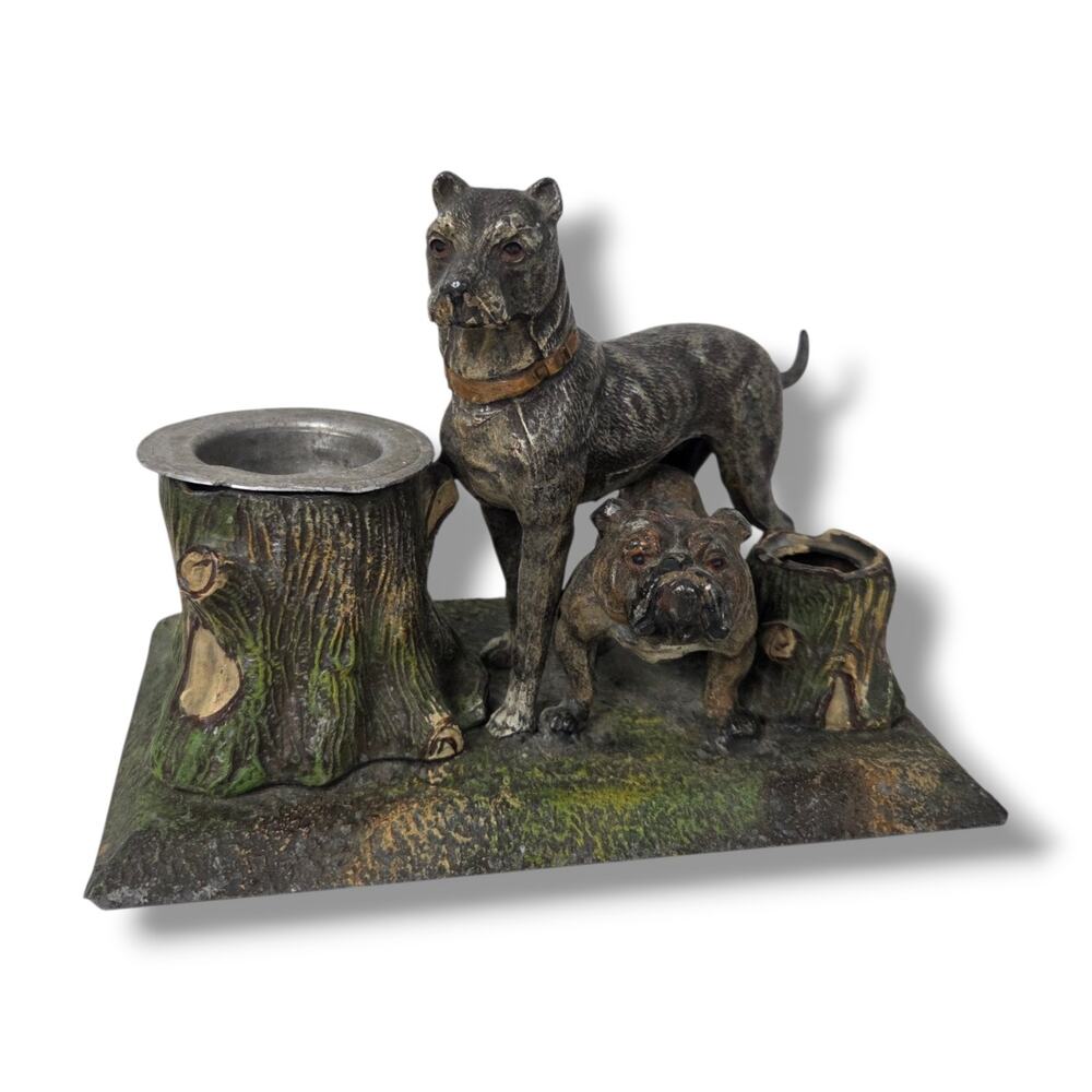 Antique Cast Metal Ashtray Pipe Stand Bulldog Mastiff Dog Desktop Smoking Stand